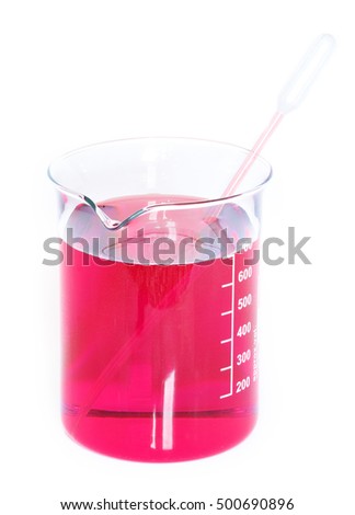 Glass chemical beaker with red chemicals dissolved in water and laboratory pipette isolated on white background