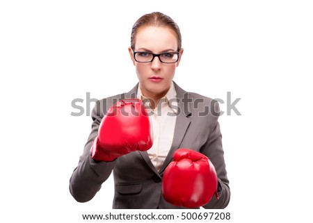 Businewoman with boxing gloves isolated on white