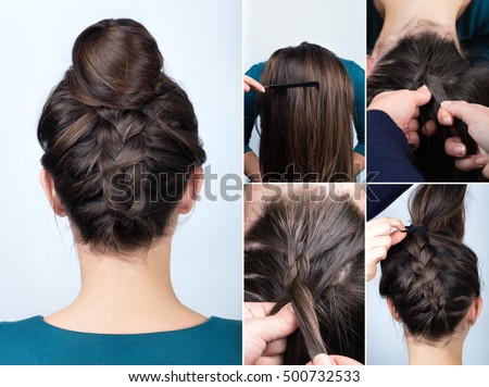 tutorial photo step by step of modern hairstyle reverse upside down french braid with bun for long hair Royalty-Free Stock Photo #500732533