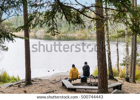 Rest during hiking in Tyresta National Park, Sweden Royalty-Free Stock Photo #500744443
