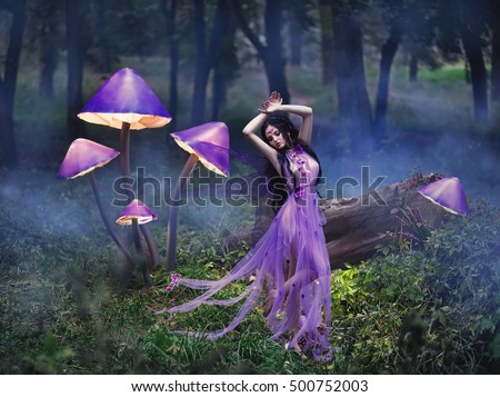 Young girl in a luxurious purple dress. Princess dances in the autumn forest. Beautiful scenery, fantastic background. Fashionable toning