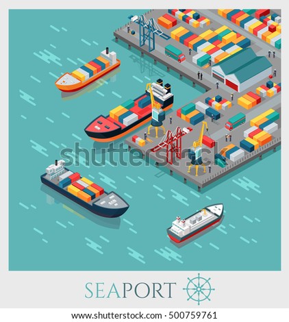 Isometric commercial sea port. Cargo sea port, container terminal, sea freight transportation, global transportation, cargo ships in harbor, unloading of cargo containers from container carrier.