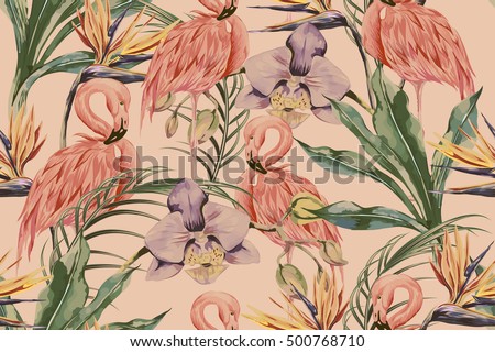 Tropical flowers, palm leaves, jungle plants, orchid, bird of paradise flower, pink flamingos, seamless vector floral pattern background, exotic botanical wallpaper, vintage boho style