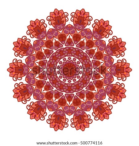 Decorative round lace ornate mandala. Round hand-drawn pattern. Colorful, bright print for invitation, wedding card, scrapbooking. Tattoo design.