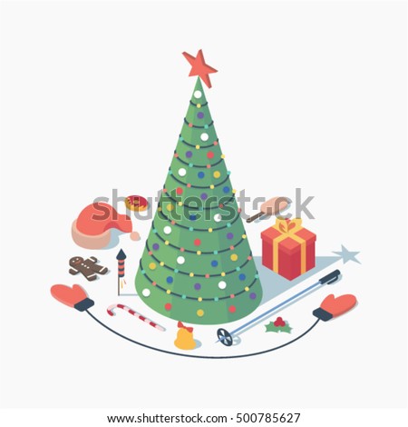 Christmas, vector isometric concept illustration, 3d icon set, white background: christmas tree with star, hat of Santa Claus, cookie, candy, fireworks, bell, skiing, mittens, gift, ice cream