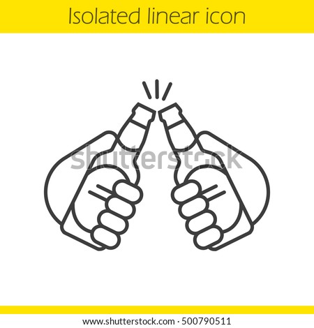 Toasting linear icon. Thin line illustration. Hands holding beer bottles. Cheers contour symbol. Vector isolated outline drawing