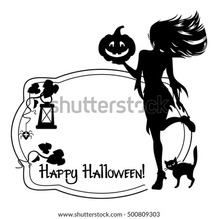 Silhouette of a young girl in the witch costume and holiday greeting "Happy Halloween!".Vector clip art.