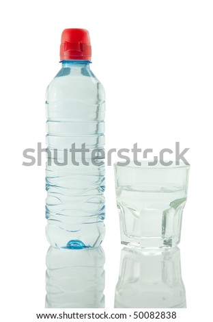 Bottle and glass of mineral water reflected on white background