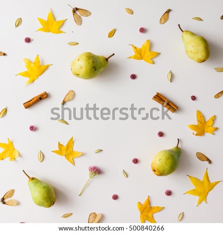 Colorful autumn pattern made of pears, leaves and flowers.  Flat lay. Fall concept