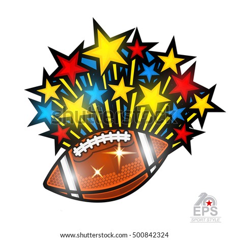 Colored stars fly out from american football ball. Sport logo isolated on white for any team or competition
