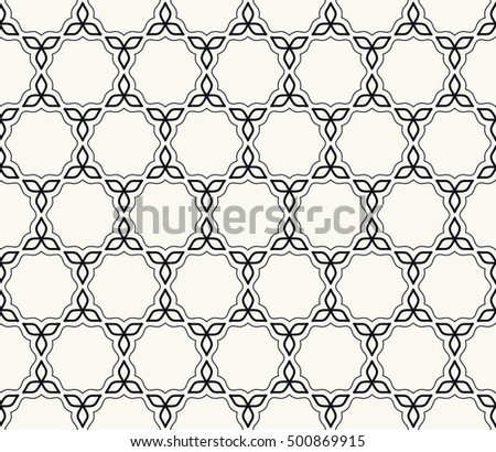 Seamless geometric line pattern in arabian style, ethnic ornament. Endless hexagonal texture for wallpaper, banners, invitation cards. Black and white graphic lace background