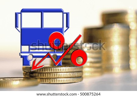 Car and red percent sign on a background of money . The concept of change of car prices .
