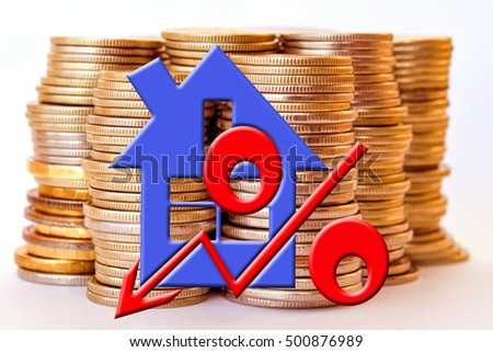 	Red percent sign on a background of money . The concept of price changes on the real estate market .