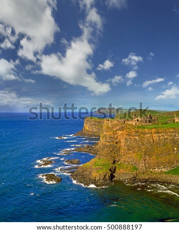 The ruins of the Dunluce Castle on the Causeway Coast of Northern Ireland.
