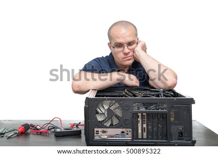 Computer Technician repairing computer system isolated on white background
