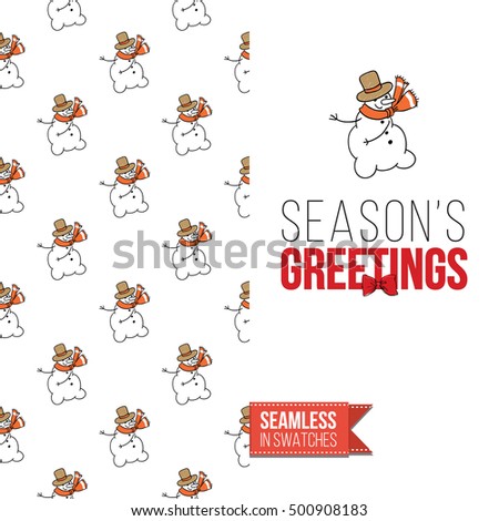 Stylish greeting card for new year or christmas, inspired by xmas symbolism. Seamless pattern with stylized holiday symbol on one side, on another inscription: season's greetings. Vector template