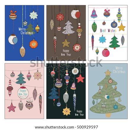 christmas decorations, vector postcards, new year set.