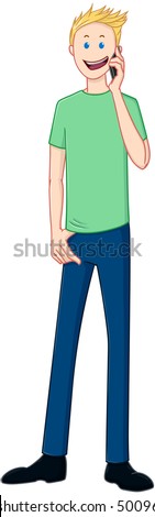 Vector illustration of a blond guy standing and talking on the phone.