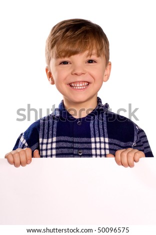 Funny little boy holding a blank white sign for your message. Good for borders of articles or websites. Isolated on white background.