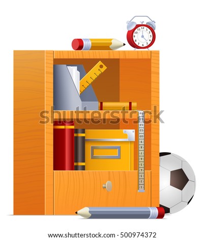 Vector cupboard with pencil, folder, paper, ruler, books, soccer ball, alarm clock and ruler icon
