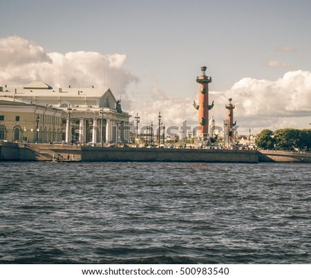 Vintage processing. The view on the Strelka of Vasilievsky island, the stock exchange and Rostral columns