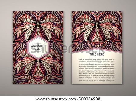 Flyer template with abstract ornament pattern. Vector greeting card design. Front page and back page.