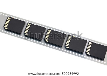 Old film and modern digital compact SD cards isolated white