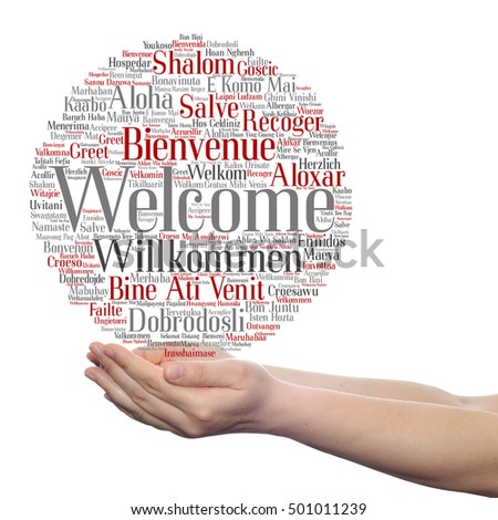 Concept conceptual abstract welcome greeting international word cloud in hand, different languages or multilingual isolated metaphor to world, foreign, worldwide, travel, translate, vacation tourism