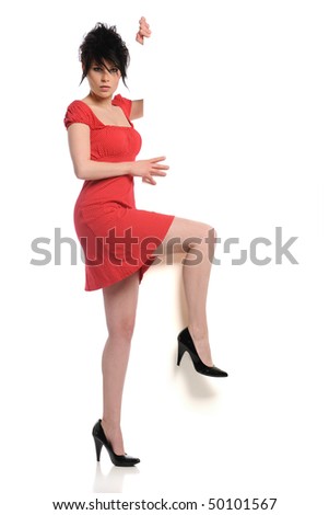Young woman holding empty board for copyspace isolated on white