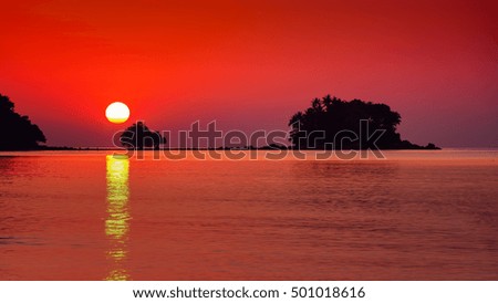 Scenery sunset on tropical beach on background silhouette trees and Beautiful red tropical sky
