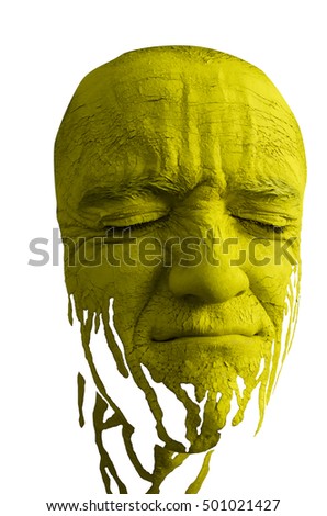 Creative makeup. Conceptual idea of bold body art painting. Abstract picture isolated on white on male face.