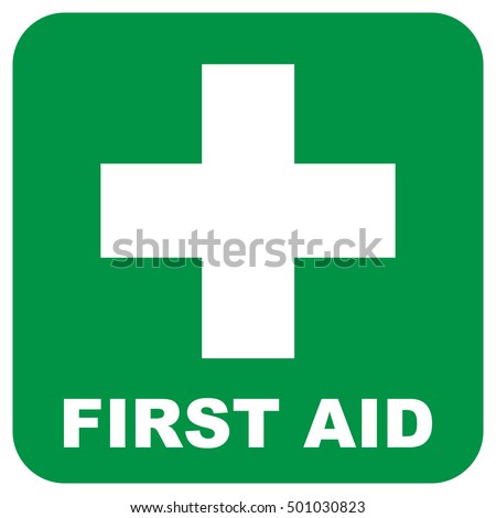 First aid sign. Green square and white cross symbol with FIRST AID text below, vector illustration. Royalty-Free Stock Photo #501030823