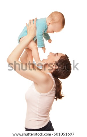 Picture of happy mother holding adorable baby isolated on white