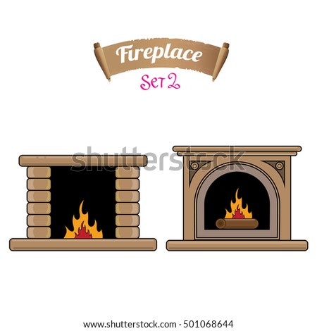 fireplace icon set  isolated on white. Burning brown brick fireplace with firewood.
