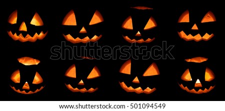 Scary Halloween pumpkin set isolated on a black background. Scary glowing faces