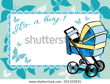Greeting card with a baby perambulator. Raster clip art.