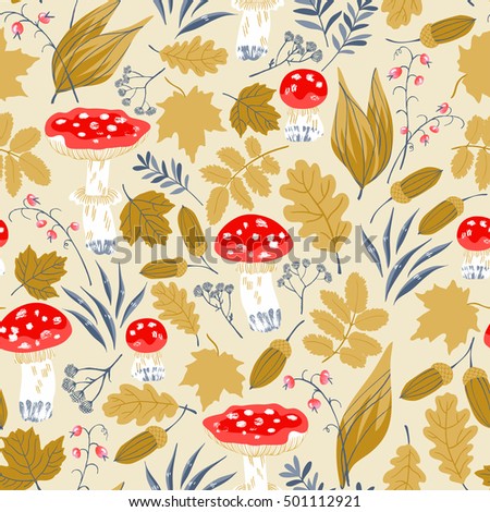 Vector seamless pattern with acorns, amanitas, leaves and lilies of the valley in autumn colors. Beautiful forest background
