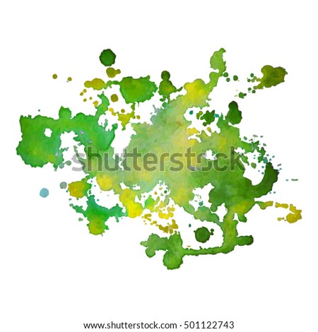 Expressive abstract watercolor stain with splashes and drops of green color. Watercolor background