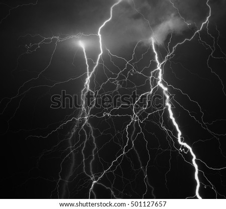 Thunder, lightnings and rain on stormy summer night.