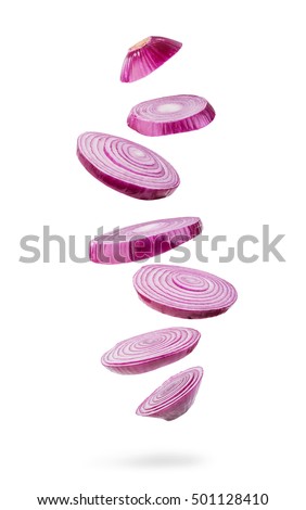 sliced and falling  red onion isolated on white background Royalty-Free Stock Photo #501128410