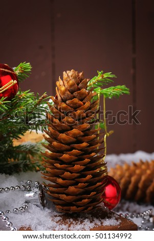 Christmas background greeting card fir tree pine cone Christmas balls gift winter
