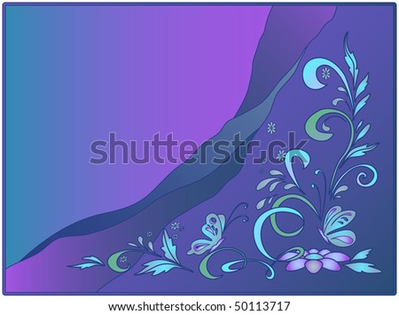 Abstract background: lines, leaves, butterflies and flowers on a violet background