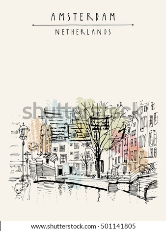 Amsterdam, Holland, Netherlands Europe. View of old center with bicycles. Dutch traditional historical buildings. Hand drawing. Travel sketch. Book illustration, postcard or poster template in vector