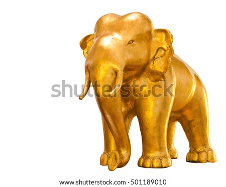 golden elephant standing isolated on white background
