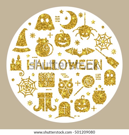 Halloween gold icons set in circle shape on white background. Golden design concept for festive banner, greeting and invitation card, flyer, tag, poster, postcard, advertisement. Vector illustration.