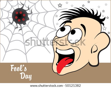 abstract fools day background with funny face, spider and star