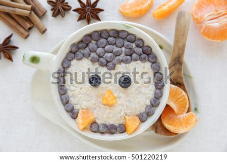 Penguin porridge oatmeal breakfast , Fun food art for kids