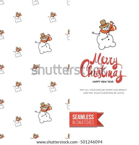 Stylish greeting card for new year or christmas, inspired by xmas symbolism. Seamless pattern with stylized holiday symbol on one side, on another inscription: merry christmas. Vector template