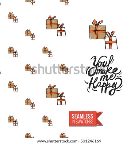 Stylish greeting card for new year or christmas, inspired by xmas symbolism. Seamless pattern with stylized holiday symbol on one side, on another inscription: you make me happy. Vector template