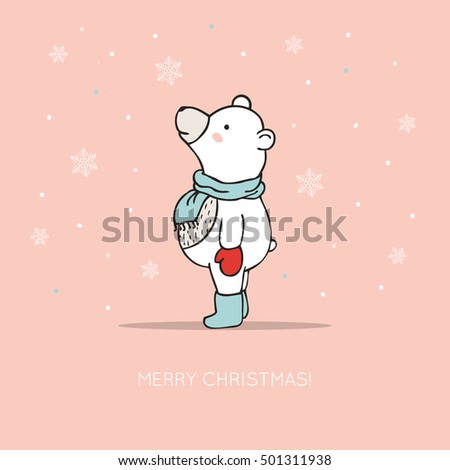 Cute card with hand-drawn polar bear with scarf and boots. Christmas card. Joyful winter illustration. Vector isolated on background